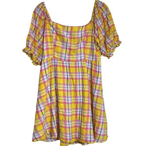 Mint Choco Womens Mini Dress Large Yellow Plaid Off the Shoulder Y2K Babydoll